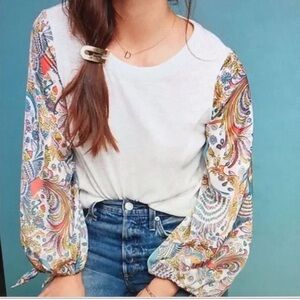 Anthropologie Maybelle Bird Peacock Tie Sleeve Blouse Medium Cotton Boho Shirt